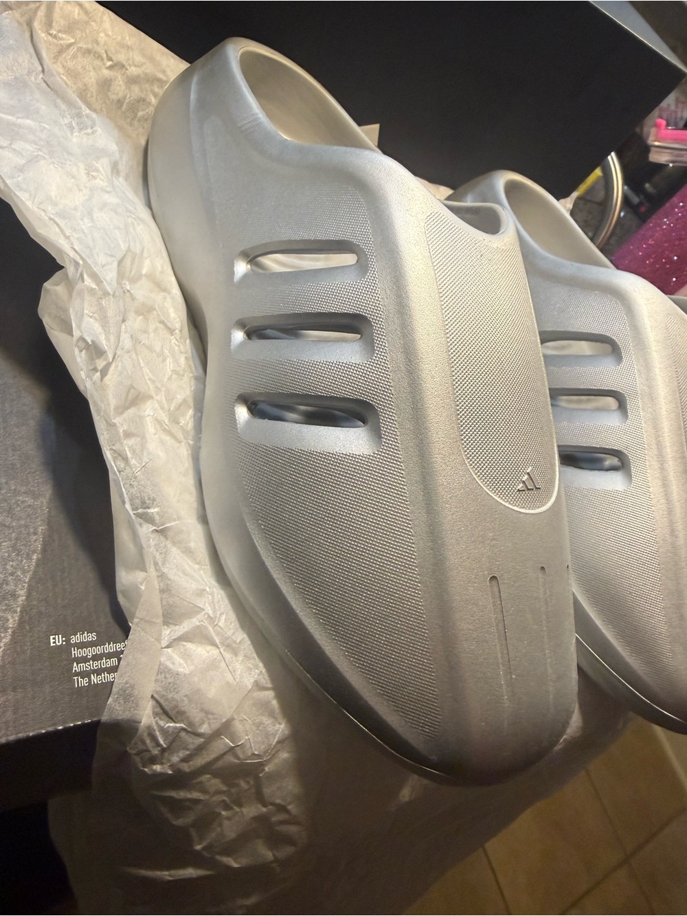 adidas adiFOM IIInfinity Mule, specifically in the "Silver Metallic